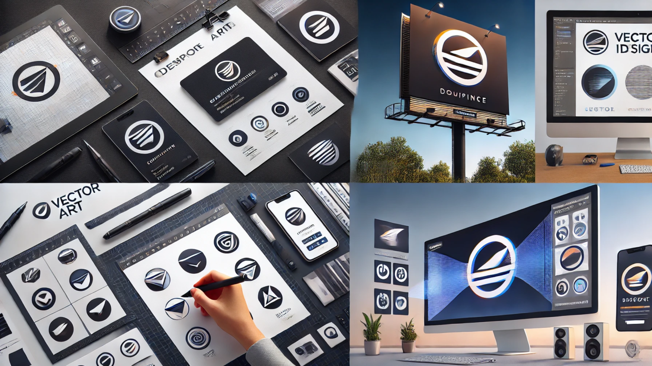 Images representing how vector art transforms brand identity. One image focuses on a sleek business card design with consistent branding