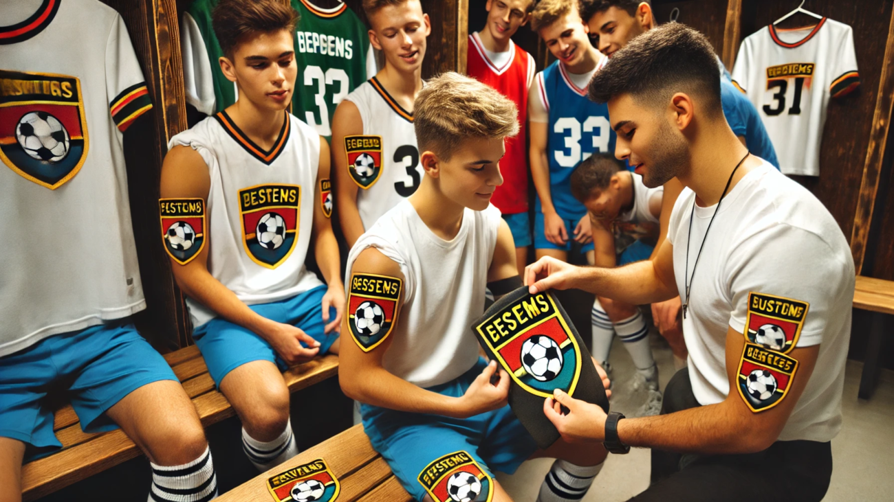 A group of young athletes in a locker room excitedly putting on their uniforms, each featuring custom patches with their team logo
