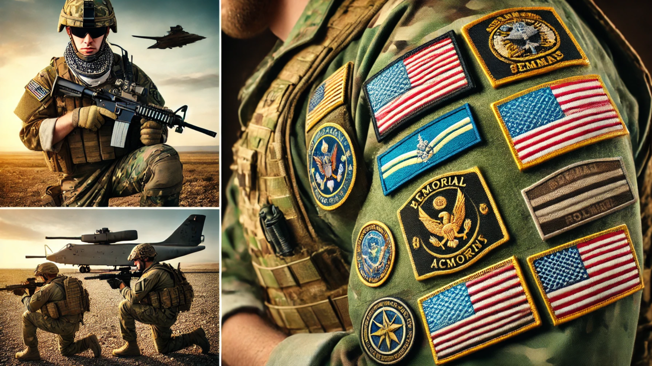 The image shows a close-up of a soldier's sleeve with various patches representing
