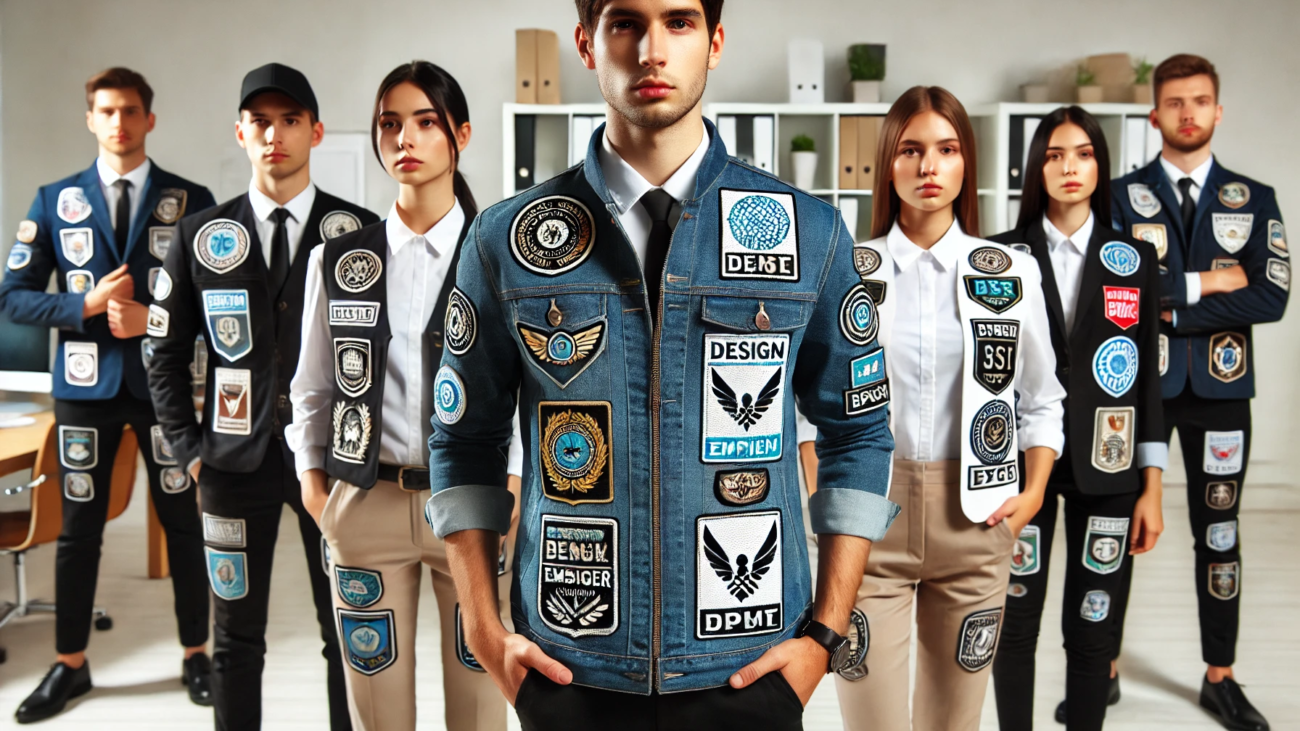 A group of employees wearing professional uniforms with custom embroidered patches featuring a company logo