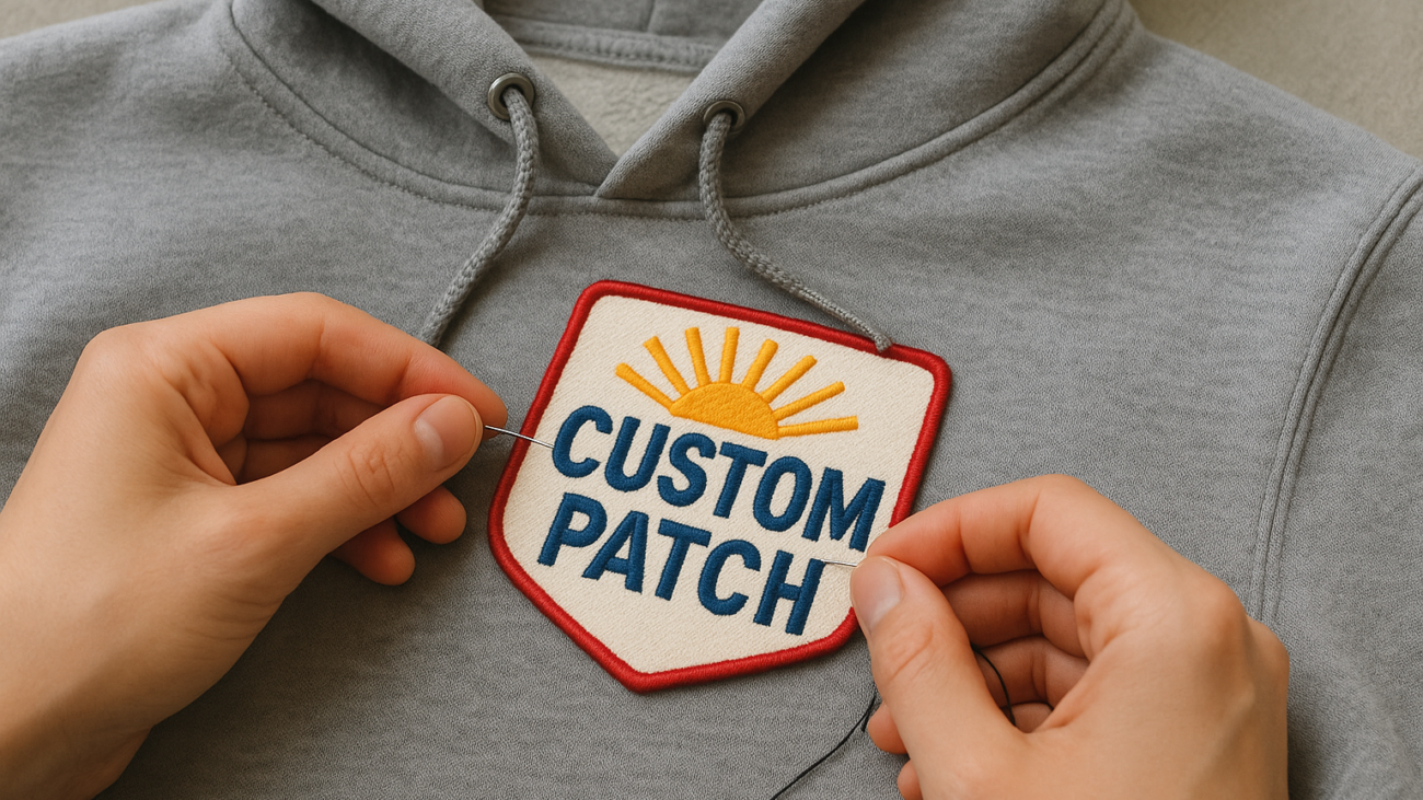 Custom embroidered patch being stitched onto the front